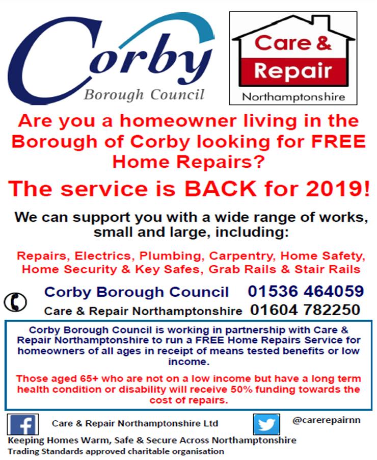 Calling Corby Home owners! Offering free home repairs in partnership with <a href="/CorbyBC/">Corby BoroughCouncil</a> Call <a href="/carerepairnn/">Care & Repair Northamptonshire</a> on 01604 782250 for more info