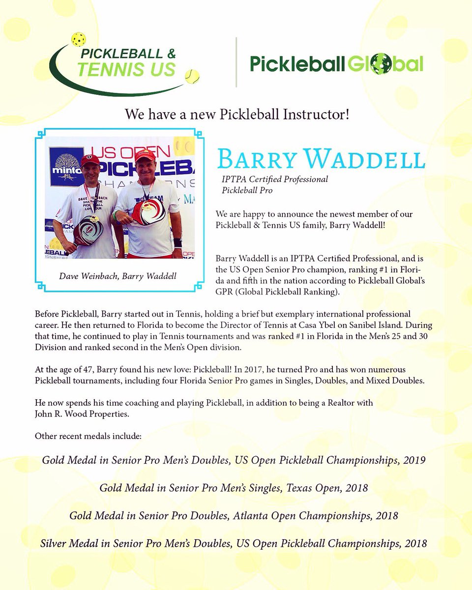 PickleballGlob1's tweet image. Help us welcome Senior Pro Barry Waddell 2019 US Open Gold Medalist to our Pickleball Team here at Pickleball &amp;amp; Tennis US in Bonita Springs Florida.  Tune in every Friday night to his Grip and Rip Show LIVE streaming on Pickleball Global facebook page.  @PickleballGlob1