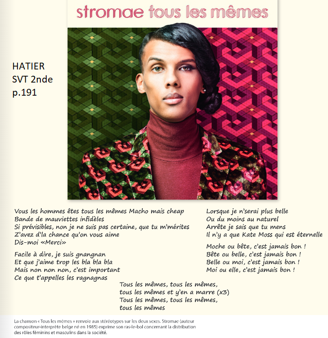 VigiGender's tweet photo. Pour remettre en cause la "distribution des rôles féminins et masculins dans la société", @EditionsHatier propose cette chanson en SVT 2nde. Le niveau zéro d'analyse sur le sujet des stéréotypes sexués est atteint. Et quel rapport avec les SVT ? https://t.co/YgiHUiSrWg