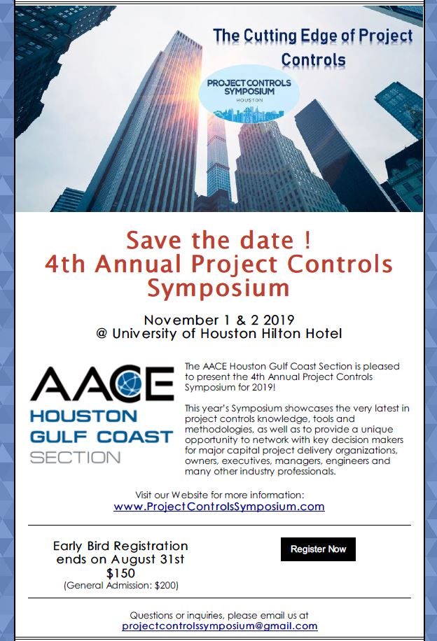 AACEiHGCS's tweet photo. @AACEiHGCS and the 2019 Committee of the Project Controls Symposium presents to you:

The Cutting Edge of Project Controls.

For Early Bird Registration, Register Today at: https://t.co/gvinMSrmKX

Stay tuned!!!

#ProjectControlsSymposium https://t.co/qTD6qaGluK
