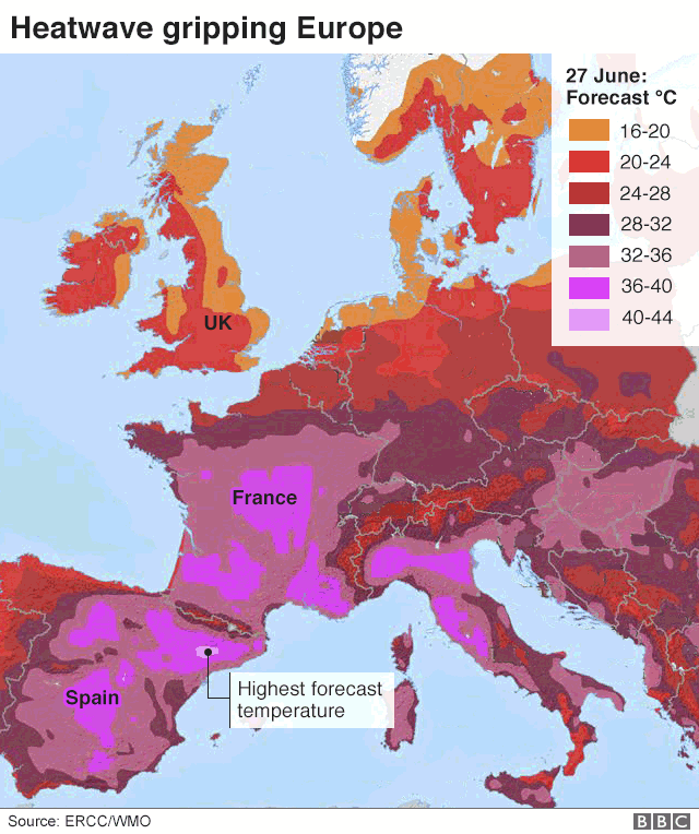 Here's the temperature predictions for Europe. <a href="/CAERvest/">CAERvest</a> is in South France right now, and the air temperature already exceeds human resting core temperature! #heatstroke #canicule Take hydration and getting shade seriously. Tiredness when exerting is a danger sign! STOP! DRINK!