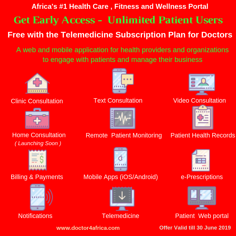 Doctor4Africa's tweet photo. A complete web and mobile application for health providers and organizations to engage with patients and manage their business . Free with the Telemedicine Subscription Plan for Doctors. Offer ends 30 June 2019 #doctor4africa #telemedicine https://t.co/BoxjQWStu5 https://t.co/uwh5CdDY74
