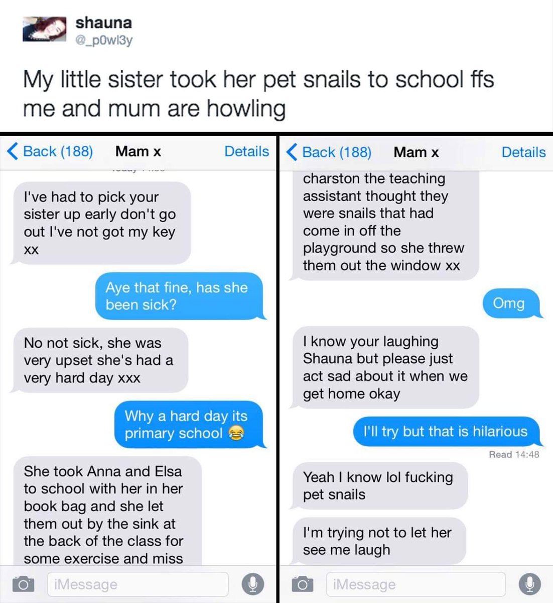 BarbaraMcMahon8's tweet photo. "I know you're laughing Shauna but you have to act sad" 😂😂😂😂😂🐌🐌🐌🐌 https://t.co/tcAUiDKFqQ