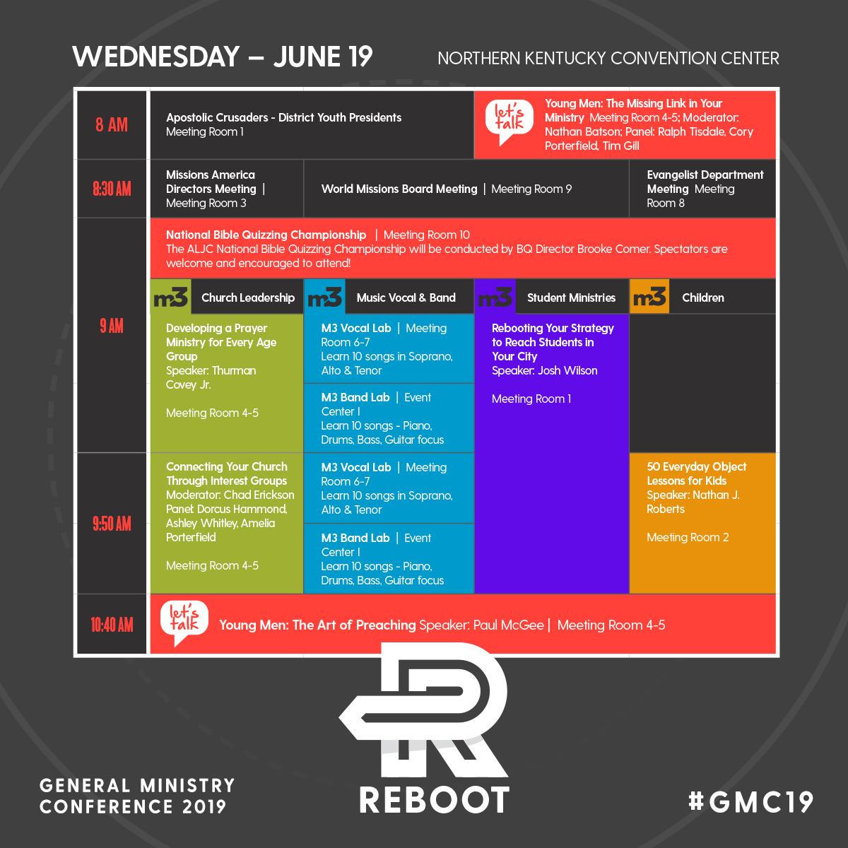 ALJCorg's tweet image. #GMC19 schedule for Wednesday, June 19. Get the full schedule here: bit.ly/2XH9kLH