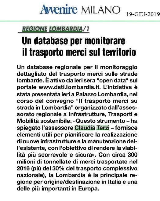 Nuovo #database di <a href="/RegLombardia/">Regione Lombardia</a> per monitoraggio dettagliato #trasporto merci su strade lombarde. 
Le analisi dei dati per la pianificazione delle scelte.
#OpenDataLombardia dati.lombardia.it @Lispalombardia <a href="/LombardiaInnova/">Open Innovation</a> <a href="/CrespiDaniele/">Daniele Crespi</a> <a href="/cmterzi/">Claudia Terzi</a> <a href="/fraferri75/">Francesco Ferri</a> <a href="/R_soj/">Roberto Soj</a>