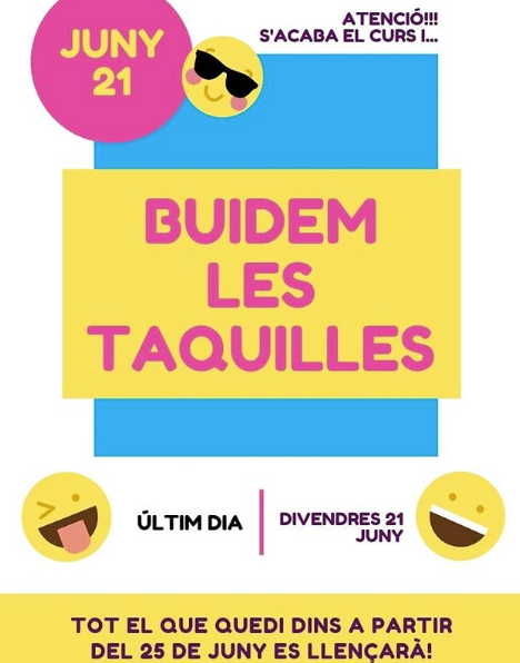 Les taquilles han de quedar buides abans d'aquest divendres 21 de juny, últim dia lectiu.