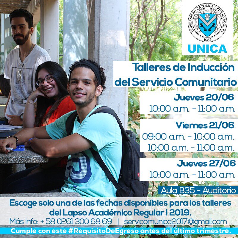 UNICAeduve's tweet photo. Este jueves 20/6 comienzan los ‘Talleres de Inducción del Servicio Comunitario.’ 🤝

Revisa el cronograma, escoge uno de los talleres y asiste para que comiences a darle cumplimiento a este #RequisitoDeEgreso. 👇

¿Estudias a distancia? Contacta al equipo de @ServiComUNICA 🙌 https://t.co/6ViBnSGkG2