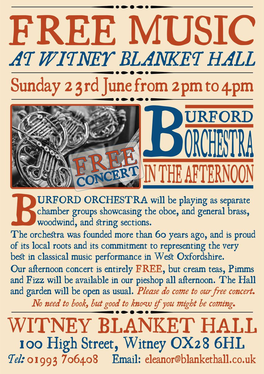 This Sunday - free music in a glorious setting! Spread the word and bring your friends. X <a href="/MarriottsWalk1/">Marriotts Walk</a> @WitneyStudios <a href="/WitneyMusic/">Witney Music Tweets</a>Soc <a href="/BurfordOrch/">Burford Orchestra</a> @WitneyMusic <a href="/WitneyMusicFest/">WitneyMusicFestival</a> <a href="/moreWitney/">WitneyVIC</a> @moreBourton <a href="/moreBurford/">Burford VIC</a> @witneytv <a href="/WitneyRadio/">WRFM - The station that loves local</a> @WitneyLetterbox