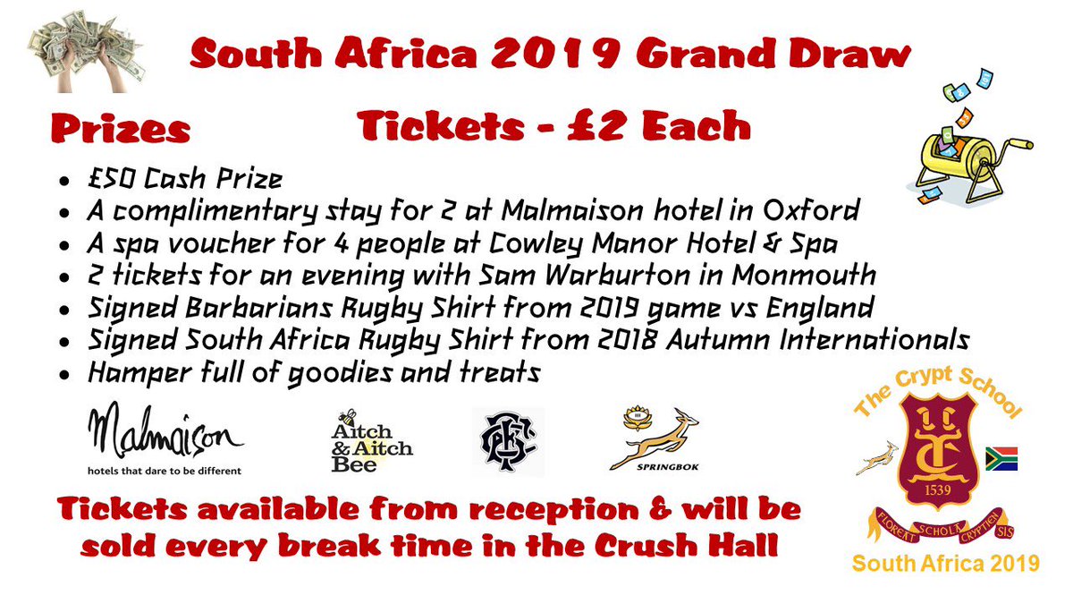 CryptPE's tweet photo. As the final fundraiser ahead of the summer rugby tour, we have created a South Africa 2019 Grand Draw! Tickets are now on sale, Β£2 per ticket for your chance to win some great prizes!
#CryptSA2019 #granddraw
πΏπ¦ππΏπ¦ππΏπ¦ππΏπ¦ππΏπ¦ https://t.co/BEhXHodIX8
