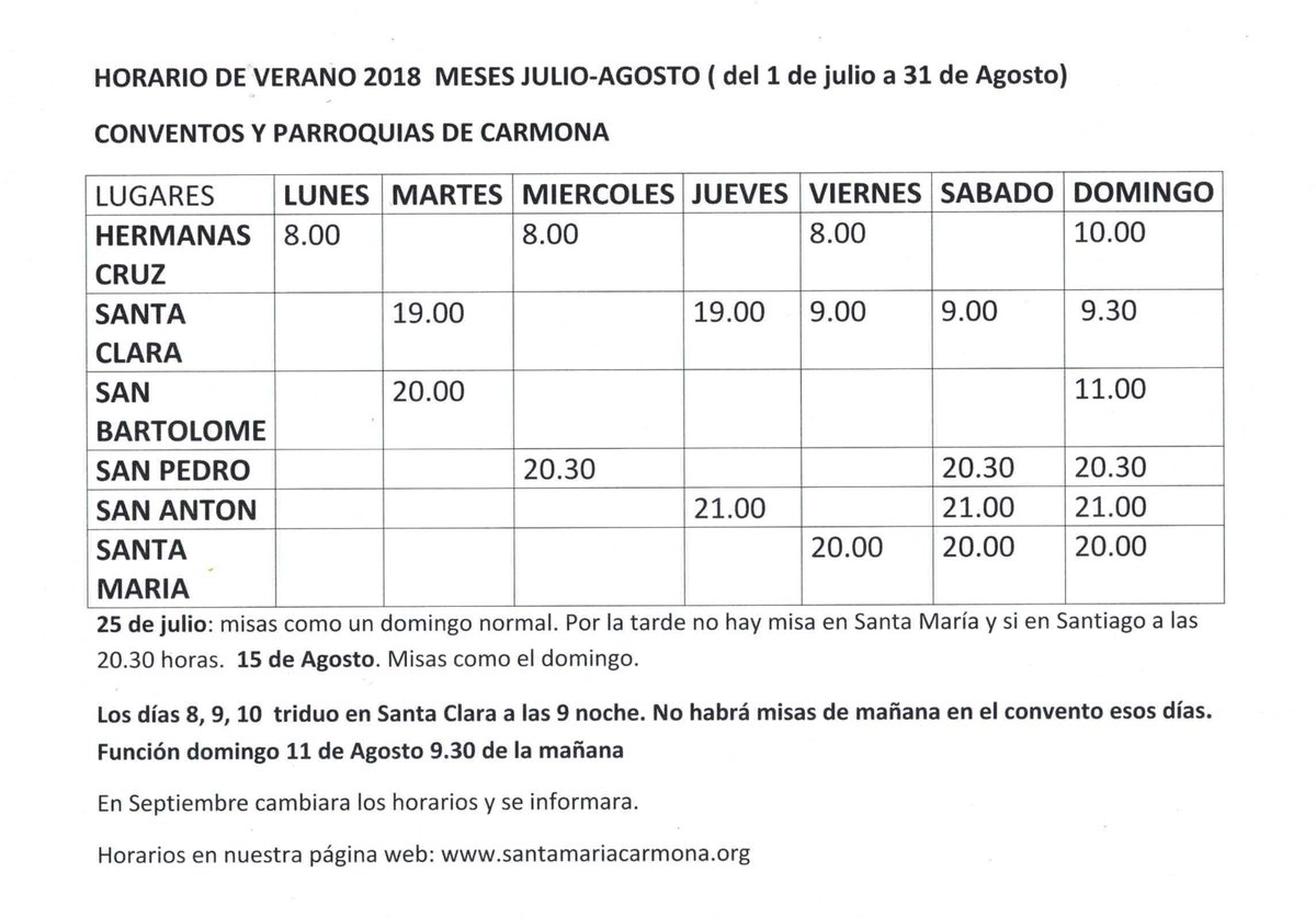 AVISO PARROQUIAL.
Horarios de Julio y Agosto en conventos y parroquias de Carmona.
<a href="/turismocarmona/">Turismo Carmona</a> <a href="/Archisevilla1/">Archidiócesis de Sevilla</a> <a href="/ConsejoCarmona/">ConsejoHdadesCarmona</a>