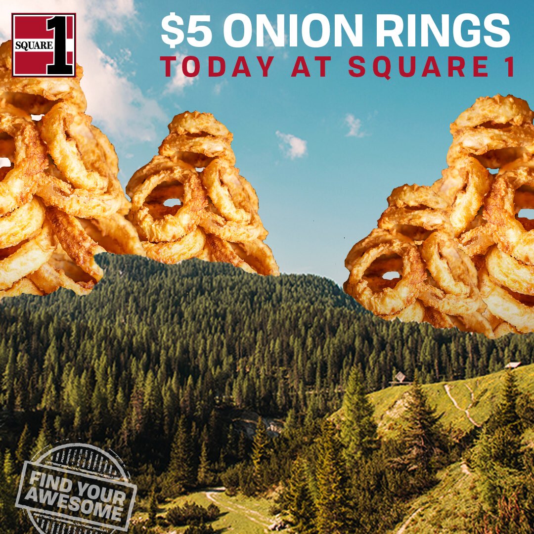 Square1Burgers's tweet photo. Just look at that breathtaking view... Visit Square 1 today and EVERY Wednesday to enjoy our house-made double-dipped onion rings for ONLY $5. 😍 https://t.co/RwI8jZYySY