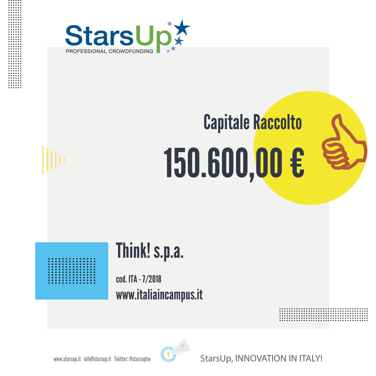 👍Infografica della raccolta di #equitycrowdfunding della #startup Think!

🔎▶️starsup.it/successo-think…