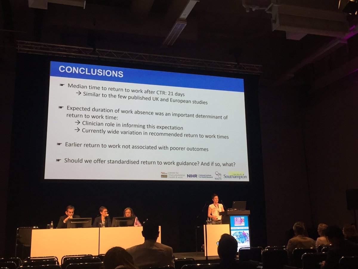 fionamsandford's tweet photo. Great work @Lisa_Newington expected duration of work absence= important determinant of RTW. Considerations for RTW guidance in clinical practice #IFSSH2019 #IFSHT2019 https://t.co/RvbXY2LcWK