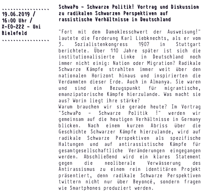 unibi_AStA's tweet photo. #AntiracismFestival SchwaPo - Schwarze Politik! Vortrag und Diskussion zu radikalen Schwarzen Perspektiven auf rassistische Verhältnisse in #Deutschland: Heute 16 Uhr X-E0-222 @unibielefeld https://t.co/9tWherP57t #Rassismus https://t.co/JML9RMwzxQ