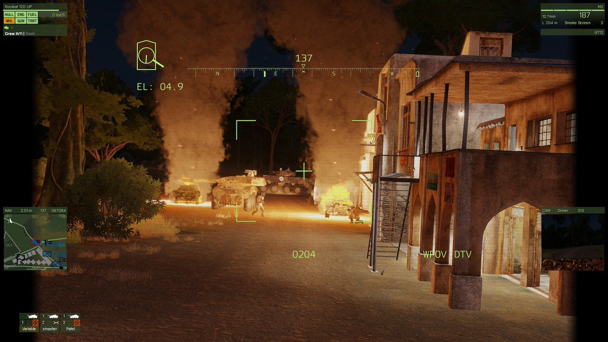 cia_arma's tweet photo. I like this screenshot because there's so much going. Two Rhynos among some dead enemy vehicles, the team of Rhyno 2 investigating the building for mission related clues, the driver view and the GPS display with the force tracker on the left @Arma3official #arma3 #CiACoopNights https://t.co/KXGxXdUiAY
