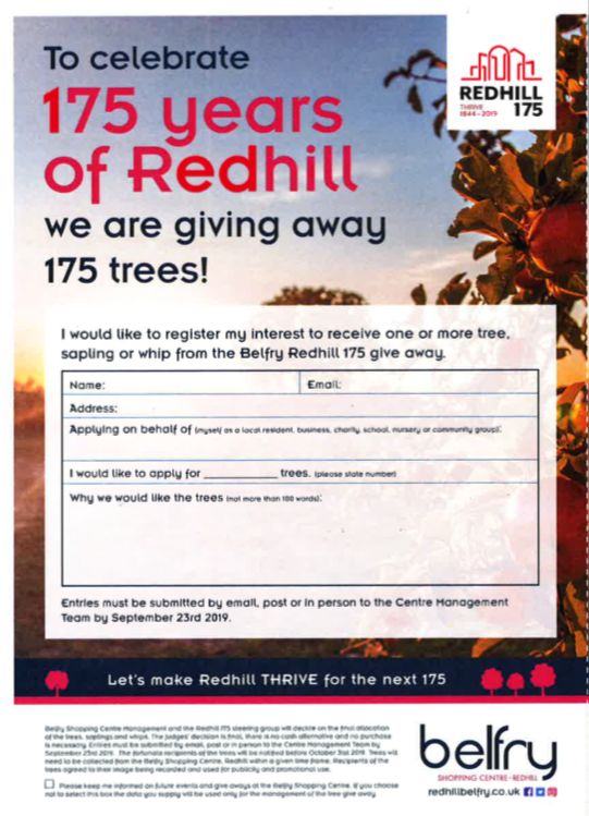 redhill175's tweet photo. 🌳To celebrate 175 years of #Redhill we are giving away 175 trees!
You can apply for up to 10 trees. Applications close on 24th September. 
Visit the RH175 pop-up shop @BelfryShopping or: https://t.co/VExZzDRFbl 🌳 https://t.co/IsZuFtwT5j