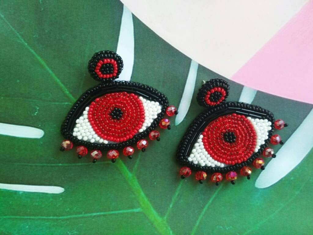 Excited to share the latest addition to my #etsy shop: Red evil eye earrings, Large eye beaded earrings stud, Bead embroidery earrings, Seed bead statement earrings stud, Evil eye jewelry etsy.me/2ZyjIGa