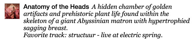 bestofbandcamp's tweet photo. "a hidden chamber of golden artifacts and prehistoric plant life found within the skeleton of a giant abyssinian matron with hypertrophied sagging breast."

https://t.co/1LaP2v5V16 https://t.co/CjSDrPDdLY