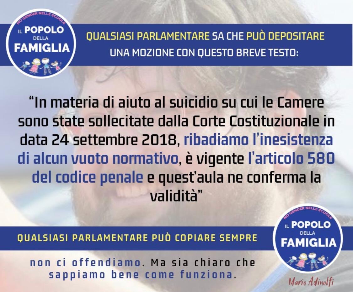 #NOSUICIDIOASSISTITO #NOEUTANASIA #SIALLAVITA #ART580NonSiTocca #24settembre2019 #PopolodellaFamiglia