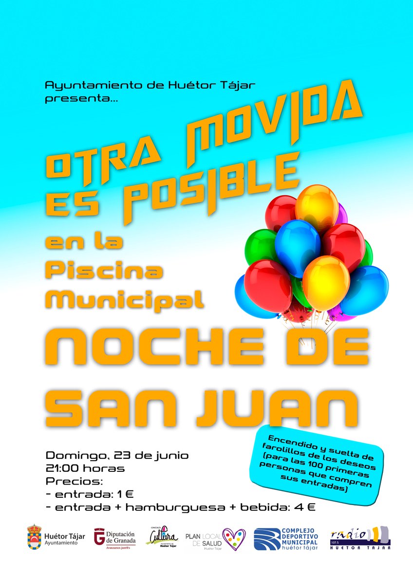 Este domingo, vuelve <a href="/OtraMovidaEP/">OtraMovidaEsPosible</a> a la Piscina de #HuetorTajar. A las 21h, música con <a href="/rubennunezdiaz/">Rubén Núñez Díaz</a> y baño nocturno, y los 100 primeros tendrán un farolillo de los deseos.
Precio:
- 1€ entrada
- 4€ entrada + hamburguesa + bebida
#Granada #SanJuan #planesGR
