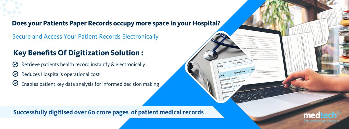 MedtechIndia's tweet photo. Now, secure and access your patients health record electronically with Medtech's Digitization Solution. To schedule a discussion visit, https://t.co/aYQQDQBvp2 
#Medtech #patients #Doctors #hospital #medicalrecords #MRO #EMR #Digitization https://t.co/NKz9QeG12f