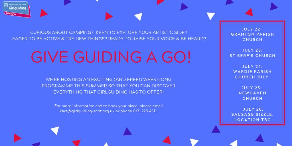 Exciting opportunity to give guiding a go in Granton, Trinity and Newhaven! Join us for FREE summer sessions from 22-26 July! Get in touch for more info or to book your place. ☀️😎