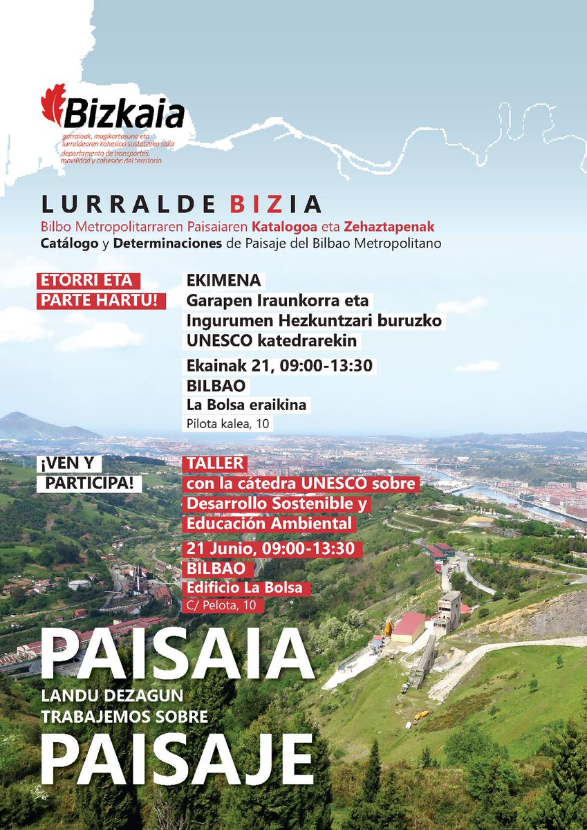 lurraldebizia's tweet photo. Recuerda! Viernes 21 de junio, 9:00 h. Taller en Bilbao con Cátedra UNESCO de  Desarrollo Sostenible y Educación Ambiental, para dialogar sobre los  objetivos de calidad paisajística del Catálogo de Paisaje de Bilbao  Metropolitano. ¡Ven y participa! @miguelviar @aanero #PTPBM https://t.co/eJMB4nTSW9