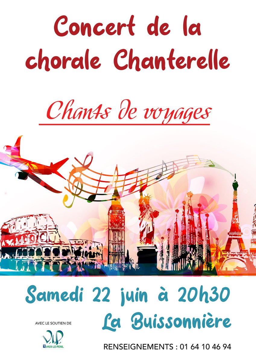 Ce samedi à 20h30 à la Buissonnière, #concert de la #chorale Chanterelle "Chants de voyages". #SeineEtMarne #VauxlePenil #agenda