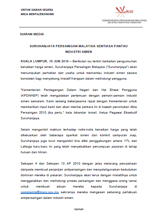 theMyCC's tweet photo. The Malaysia Competition Commission will keep a close eye on the cement industry following the price increase notices.

#bebaskartel #promotingcompetition #protectingyou #themycc #kpdnhep #malaysia #competitionlaw https://t.co/ZQboxjc4xF