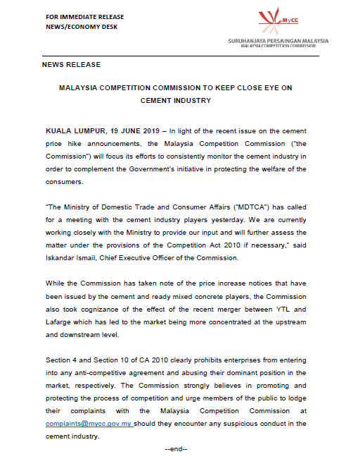 theMyCC's tweet photo. The Malaysia Competition Commission will keep a close eye on the cement industry following the price increase notices.

#bebaskartel #promotingcompetition #protectingyou #themycc #kpdnhep #malaysia #competitionlaw https://t.co/ZQboxjc4xF