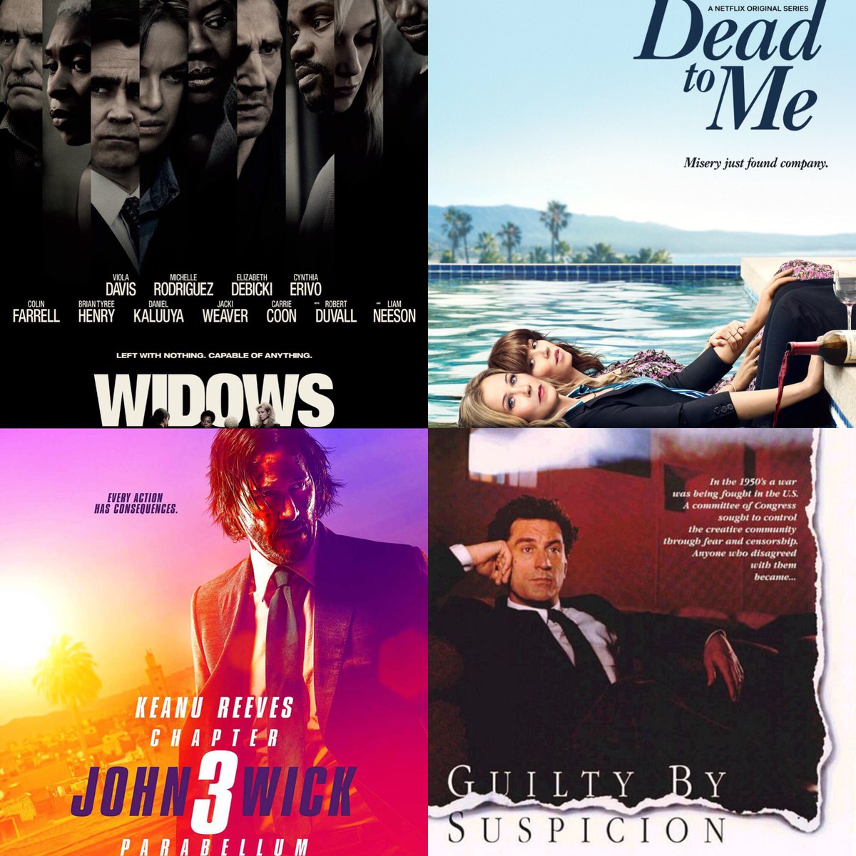 This is #whatwevebeenwatching this week, what have you been watching? 
#WWBW @WidowsMovie #SteveMcQueen @LaPlanteLynda  @violadavis @MRodOfficial #DeadToMe @netflix @1capplegate @lindacardellini #JohnWick3 #Parabellum #KeanuReeves #GuiltyBySuspicion #IrwinWinkler #RobertDeNiro