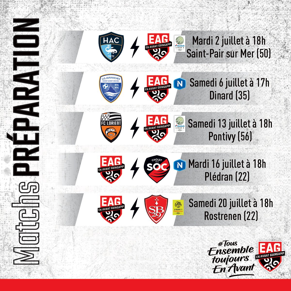 EAGuingamp's tweet photo. 🚨🗓 Le calendrier officiel des matchs de préparation de l'En Avant de Guingamp a été modifié.

📍 La dernier match estival prévu face à Auxerre a été remplacé par une rencontre face au Stade Brestois à Rostrenen https://t.co/k3R9fTJq8Q
