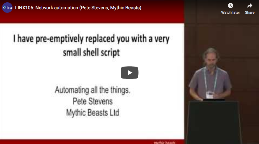 LINX_Network's tweet photo. Watch back the presentation Pete Stevens of @Mythic_Beasts gave at #LINX105 - available now! He spoke about the multiple layers of #automation and the #code needed to create the #config that automated customer deployments as well as their own auditing. https://t.co/XfSYoB2UBJ https://t.co/YvGkaiYEHY