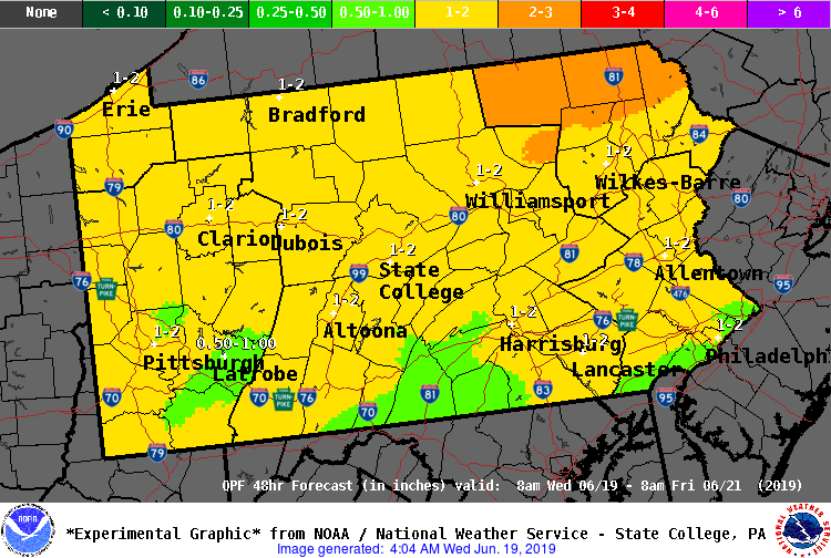 NWSStateCollege's tweet photo. More rain? Yes. Showers and thunderstorms will be scattered today, but almost everyone will get wet. More organized storms on Thursday could produce damaging winds, hail, heavy rain and even a tornado or two. Rainfall for #PAwx over the next 2 days: https://t.co/hbn9Ths0BJ