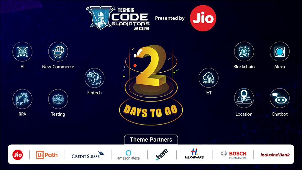 ETTechGig's tweet photo. Only 2 days left for the most awaited Code Battle finale at TechGig Code Gladiators 2019.
#TechGig #JioCodeGladiators19 #OnlyAtTechGig #CodeGladiators #CG2019 #ConquerWithCode #AI #NewCommerce #Fintech #RoboticProcessAutomation #Testing #IoT #BlockChain #Alexa #Location #Chatbot https://t.co/LrrhkFhbpG