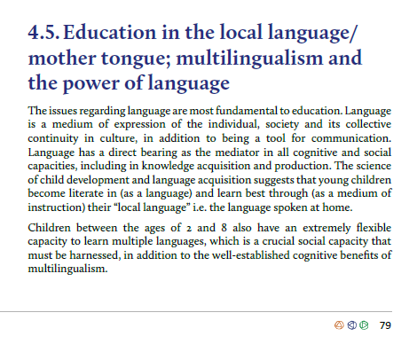 Turning now to the language of instruction: learning in mother tongue is easiest, & therefore good policy. AgreedAlso, languages are easiest to learn early in life. Well.....now this is sometimes true: IF the language is widely used locally, OR mother-tongue related, etc. 3/n