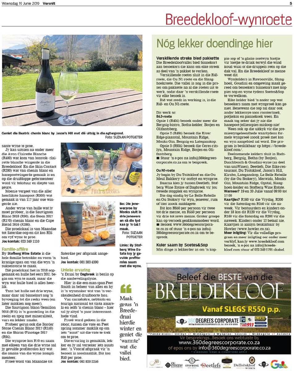 <a href="/BreedekloofWine/">Breedekloof Wine Valley</a> vandag in <a href="/Die_Burger/">DieBurger</a> Versnit. Pragtige fokus op die roetes in ons area en alles om te ontdek. Lees in die artikel meer oor <a href="/oumeulbakkery/">Ou Meul Bakkery</a> <a href="/olifantsberg/">Olifantsberg Wines</a> <a href="/monksgin/">MONKS GIN</a> <a href="/Jasons_Hill/">Jason's Hill</a> <a href="/Badsberg/">Badsberg Wine Cellar</a> <a href="/DaschboschWines/">Daschbosch Wines</a> <a href="/StofbergWines/">Stofberg Wines</a> <a href="/DagbreekWines/">Dagbreek wines</a> @lateganskop <a href="/BreedeMakers/">Breedekloof Makers</a>