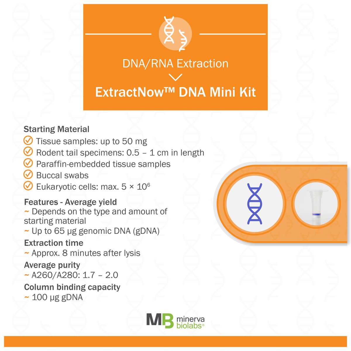 minervabiolabs's tweet image. Discover our DNA extraction kit for a broad range of starting materials, from freshly isolated or paraffin-embedded tissue, rodent tail samples, buccal swabs, or simply cells!

👉bit.ly/2F3XunI 
🇺🇸🇨🇦🇲🇽👉bit.ly/2X8Cg2j

#dna #dnaextraction #extractionkit #biotech