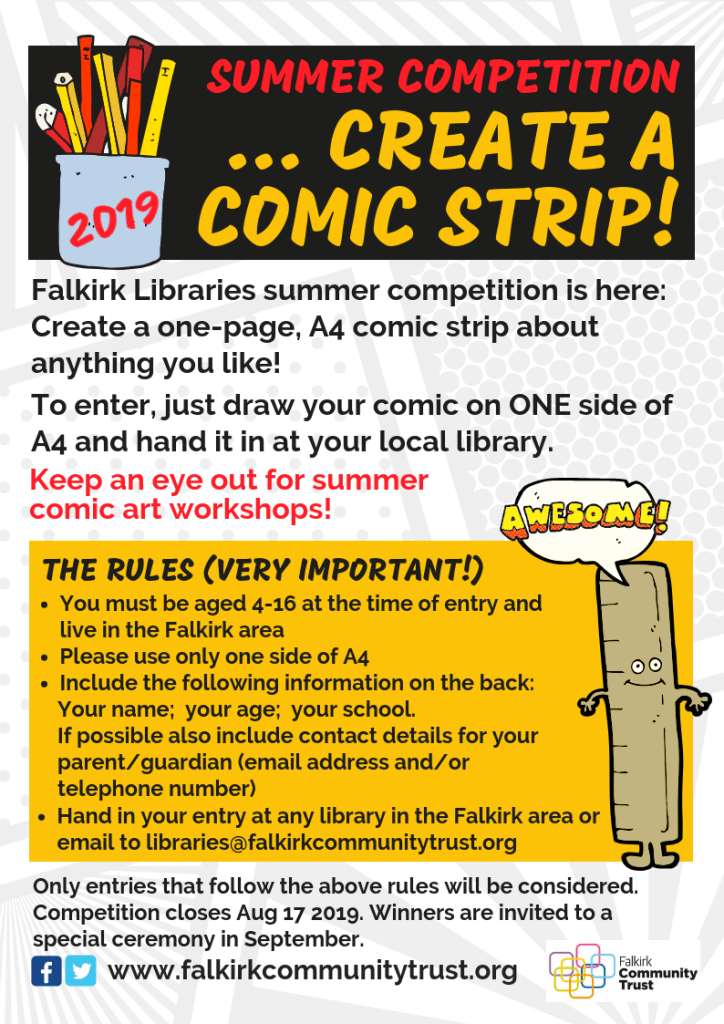LibFalkirk's tweet photo. Hey, schools! Have you checked out our Padlet crammed full of info and activities? Get your pupils to enter our comic strip competition or #WritingRammy before they finish up for the holidays! There's also TONS of stuff about the #SummerReadingChallenge! https://t.co/A8tiDh2IKh https://t.co/oHPyiKUXs7