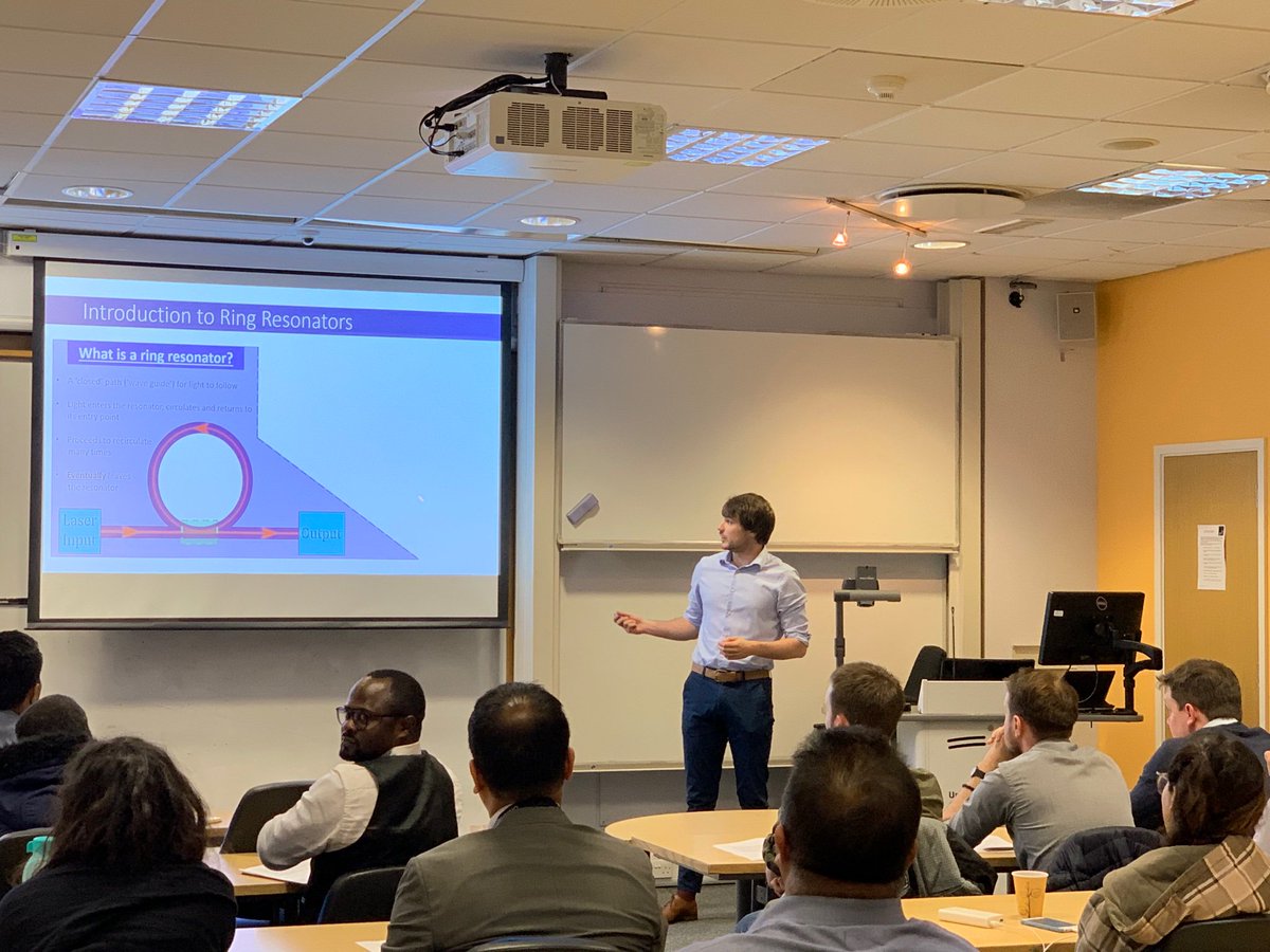 DRGStrath's tweet image. Finishing up the #measurementscience session we have another of our own DRG members Lewis Hill from #physics, telling us about his research on spontaneous symmetry breaking of light in ring resonators of application in photonics devices @StrathScience #letstalkresearch #DSMS19