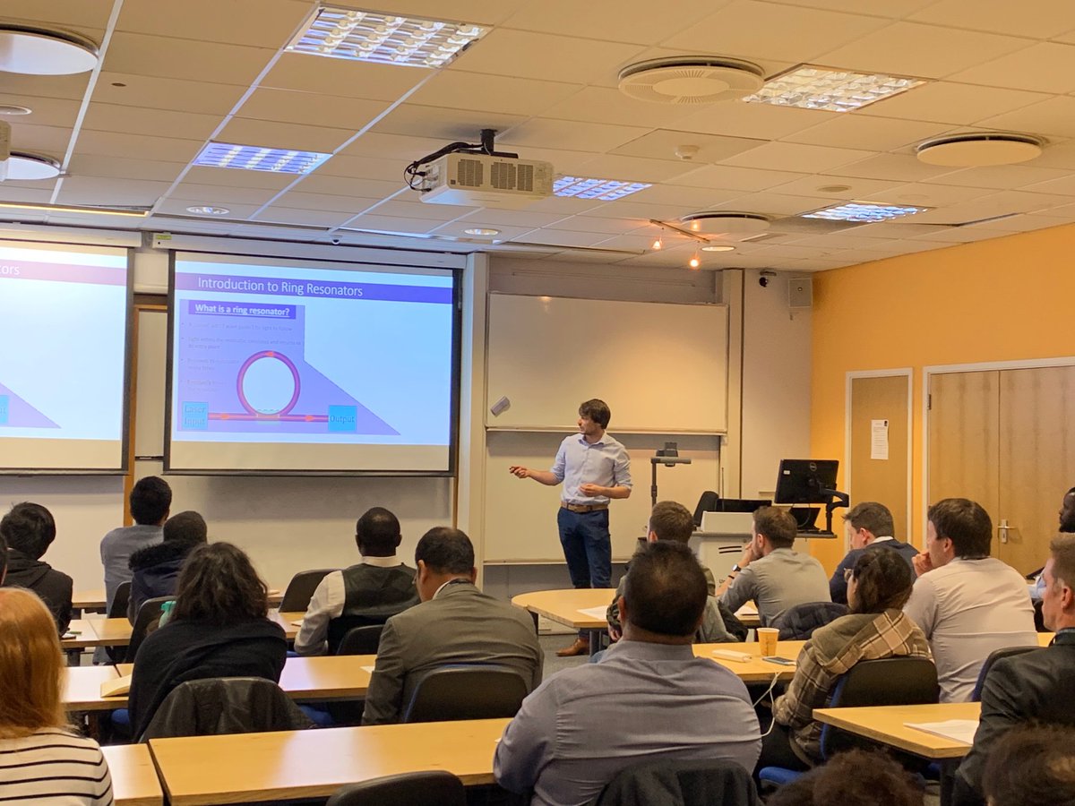 DRGStrath's tweet image. Finishing up the #measurementscience session we have another of our own DRG members Lewis Hill from #physics, telling us about his research on spontaneous symmetry breaking of light in ring resonators of application in photonics devices @StrathScience #letstalkresearch #DSMS19