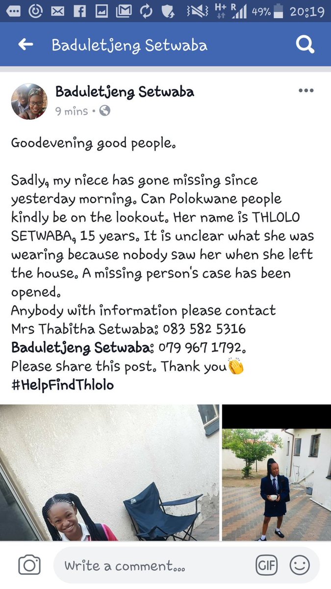 KenZii210's tweet image. Please share....please share...She has been missing since Monday morning...please assist with retweeting in order to locate where she is and assist in bringing her home

#polokwane 
#limpopo
#HelpFindThlolo