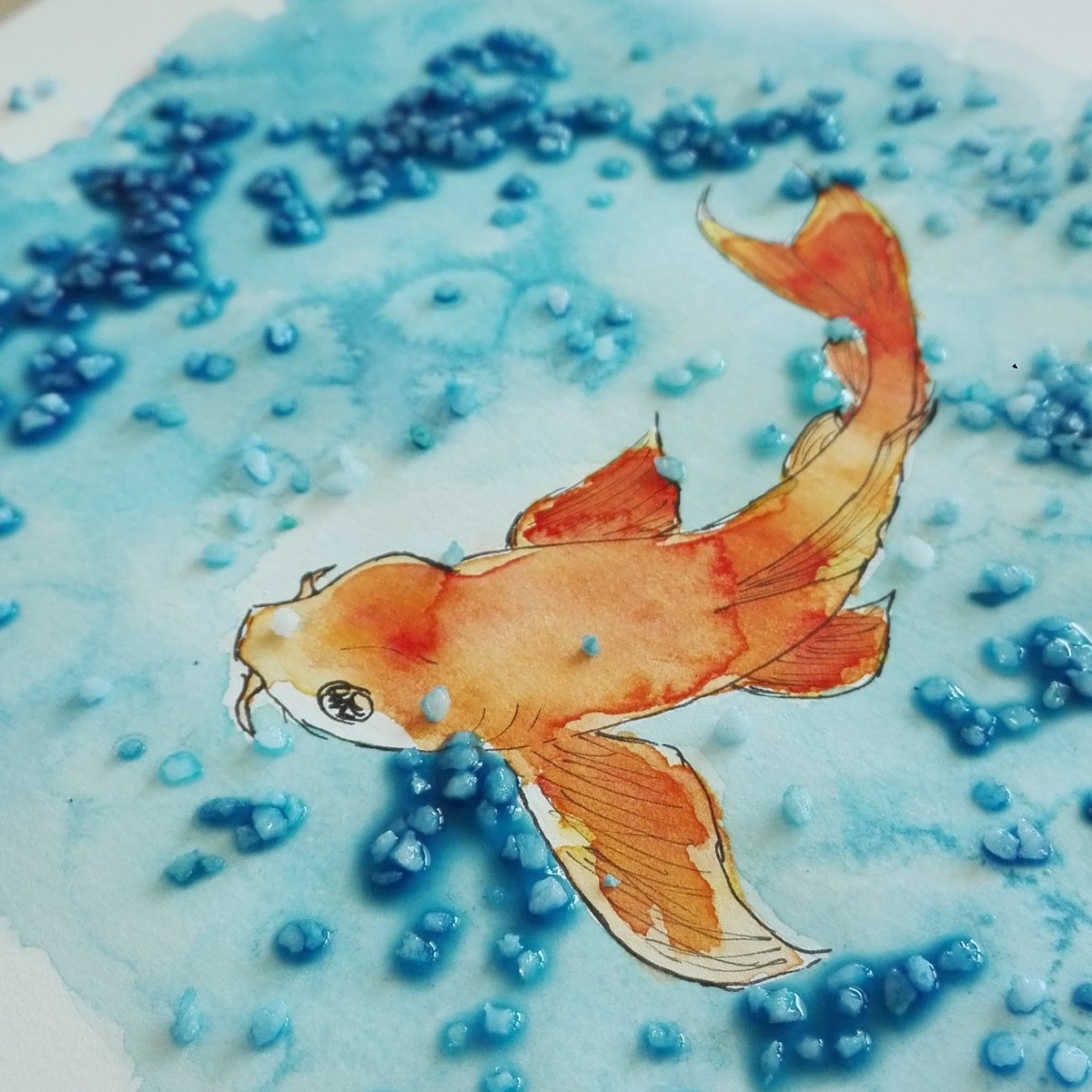 When you sketches turn WAY too elaborate... #watercolour #watercolourinspiration #wip #wipwednesday #salt #watereffects #goldfish #koi #orange #summercolours #blue #thetinkery #ppursuepretty #doitfortheprocess #smallbusinesslove #handgemacht #aquarell