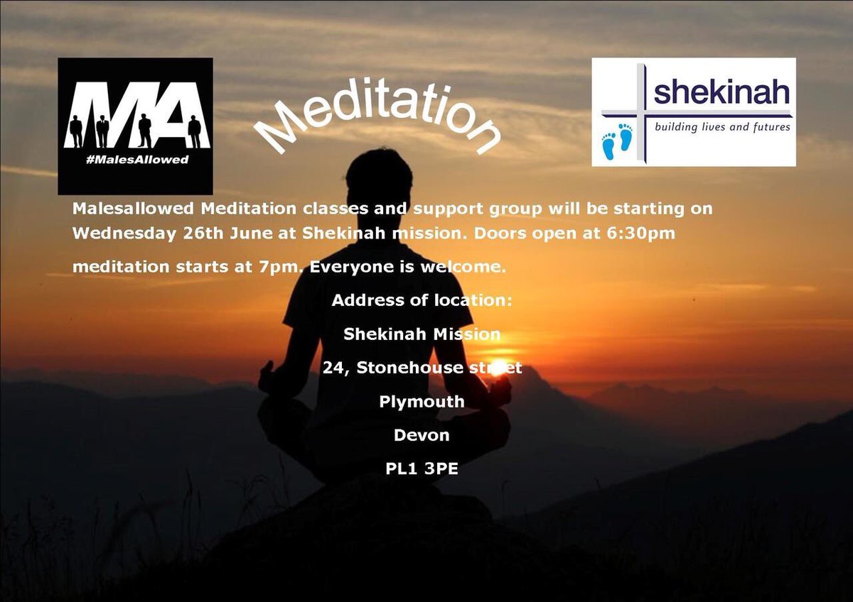 cycling4patrick's tweet photo. @shekinahcharity pleased to be working in partnership with #malesallowed hosting meditation classes for men. Starting 18.30 on Wednesday 26th June. Please share @ShelterPlymouth @buildplymouth @PlymSuperheroes @plymBizWomen @SWWIC @PlymouthCycling @PlymouthRebecca @PHPlymouth https://t.co/qSzQ25KSlm