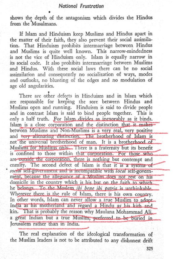 2/n You say “Jai Bhim” but any idea Ambedkar’s opinion about I$lam wrt India? In Ambedkar’s opinion I$lam has only contempt & enmity for others & one can’t be true Muslim by accepting India as motherland. See details in Snippet(Pakistan Or Partition Of Indiaby Ambedkar,p325)