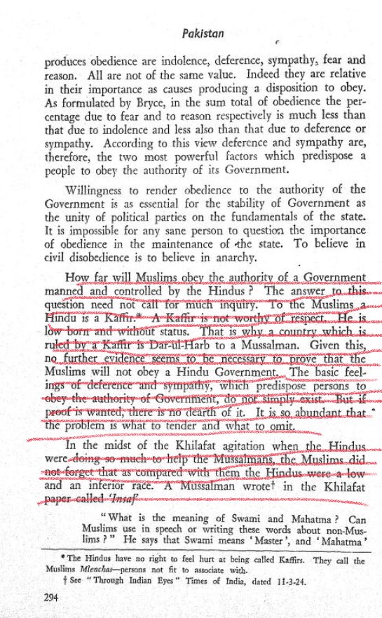 3/n Ambedkar mentions on pg 294 that a Mu$lim can’t accept a Hindu Government for they consider “Hindus” as “Kafir”, hence inferior. Mu$lims even considered low of Hindus despite they supported whole heartily in Khilafat Movement.