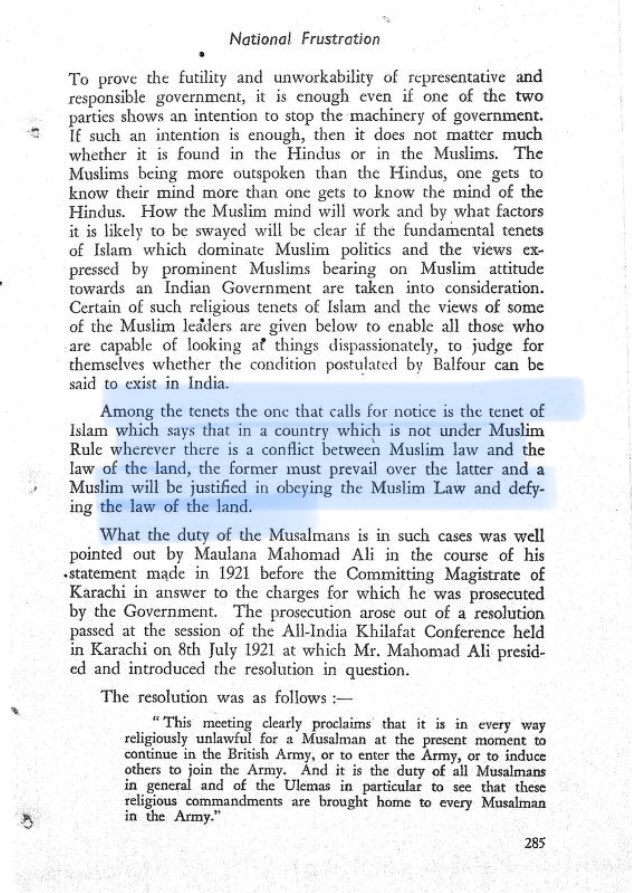 4/n Ambedkar mentions on page 285 that Mu$lims prefer “Law of Islam” over “Law of Land”. Details in snippet (Pakistan Or Partition Of Indiaby Ambedkar,p285)