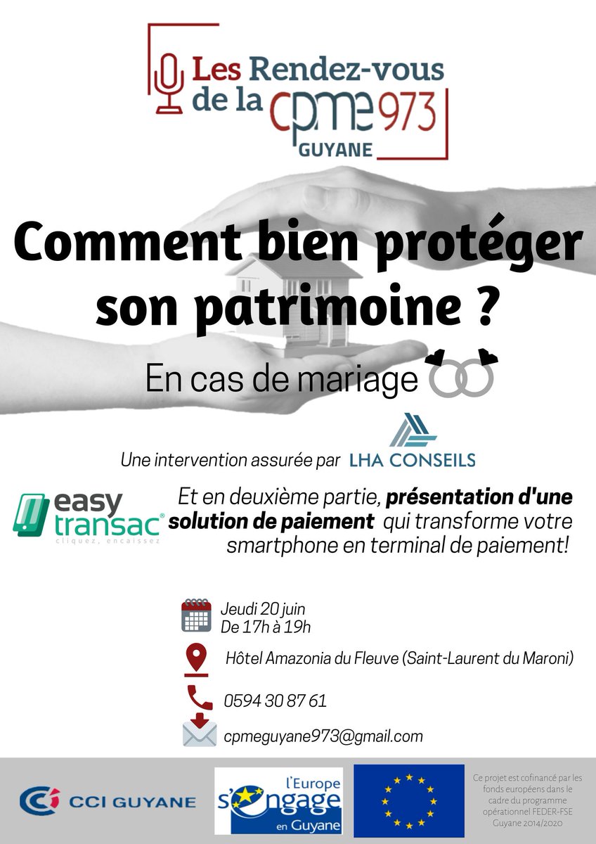CpmeGuyane's tweet photo. #RendezvousdelaCPME Des questions à propos de la protection de patrimoine en cas de mariage ? 💍 🚨Rendez-vous demain de 17h à 19h à l'Hôtel Amazonia du Fleuve à Saint-Laurent! 
N'hésitez plus ! Nous vous y attendons nombreux! 😀 https://t.co/QMQ6Lbhwok