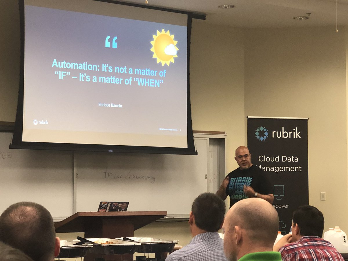 TampaVMUG's tweet photo. @enriquebarreto presenting on automation using weather data to protect your data leveraging @rubrikInc Cloud Data Management platform. #MyVMUG #GoRubrik https://t.co/iKqndefOUS