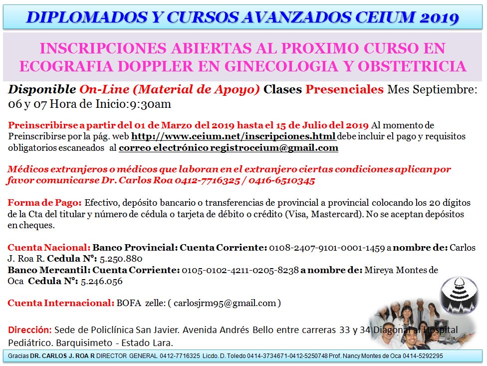 ceium's tweet photo. CEIUM inscripciones abiertas para el próximo curso teórico práctico de Doppler en Ginecología y Obstetricia https://t.co/GXK9iWipOd